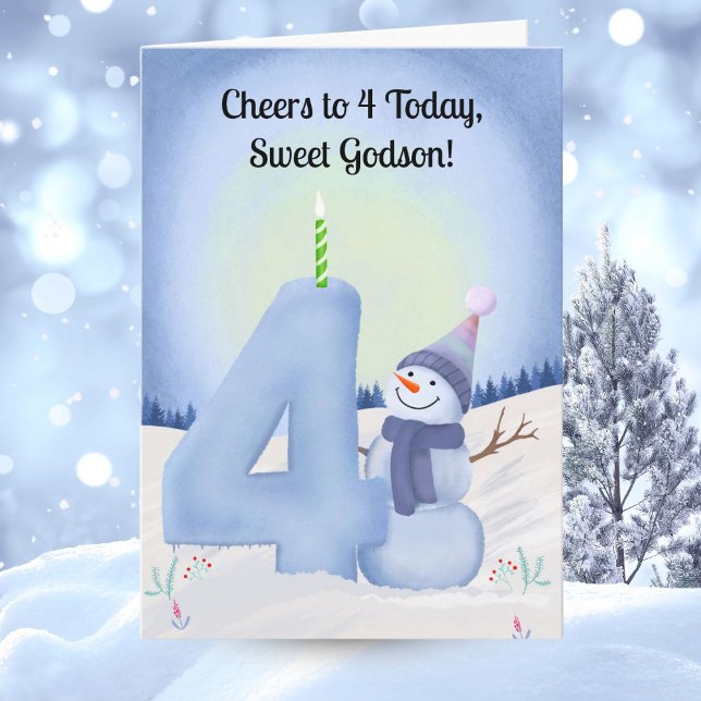 Cartão Godson 4th Birthday Snowman with Snowy Four (Criador carregado)
