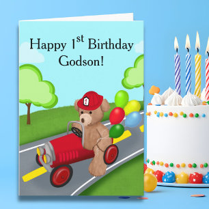 Cartão Godson Feliz 1º Aniversário Urso de Pelúcia Caminh