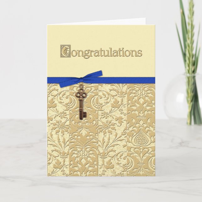 Cartão Gold 3D Damask with Key Charm and Bow Congrats (Frente)