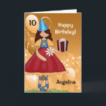 Cartão Gold and Red Girl with Age Birthday<br><div class="desc">Cute little girl in red & gold wearing a birthday hat and bearing a gift for the birthday girl! Cheery balloons in the background sets the tone. ADD child's NAME and AGE.</div>