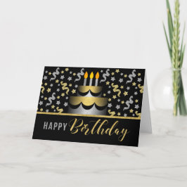 Cartão Gold and Silver Faux Glitter on Black with Cake