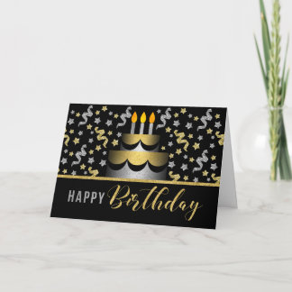 Cartão Gold and Silver Faux Glitter on Black with Cake