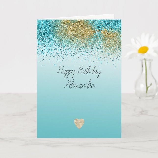 Cartão Gold Faux Glitter Aqua Heart Birthday (Planta pequena)