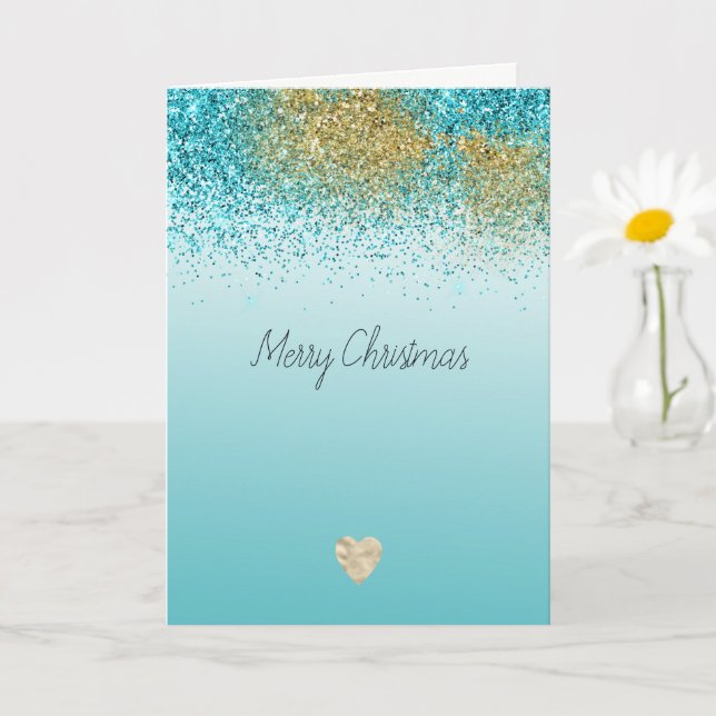 Cartão Gold Faux Glitter Aqua Heart Christmas (Planta pequena)