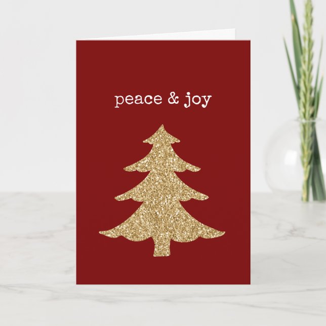 Cartão Gold Glitter Christmas Tree Red Peace Joy (Frente)