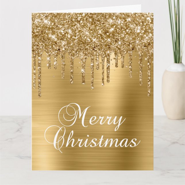 Cartão Gold Glitter Drips Metallic Merry Christmas (Frente)