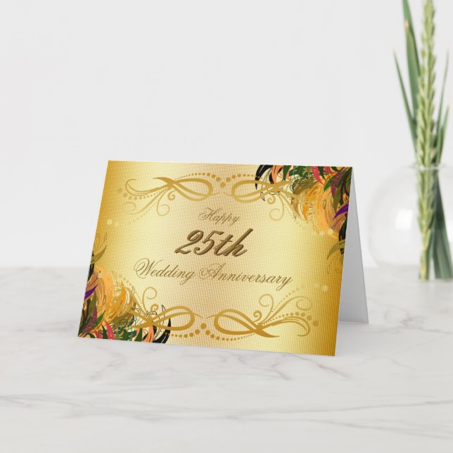 Cartão Gold Metal Floral Happy 25th Wedding Anniversary (Frente)