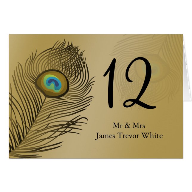Cartão gold peacock wedding table seating card (Frente horizontal)