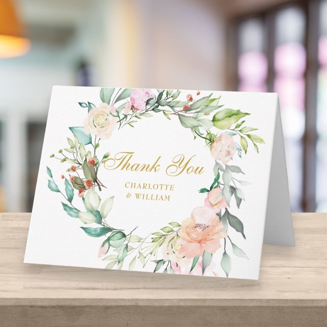 Cartão Gold Script Thank You Watercolour Roses Floral (Criador carregado)