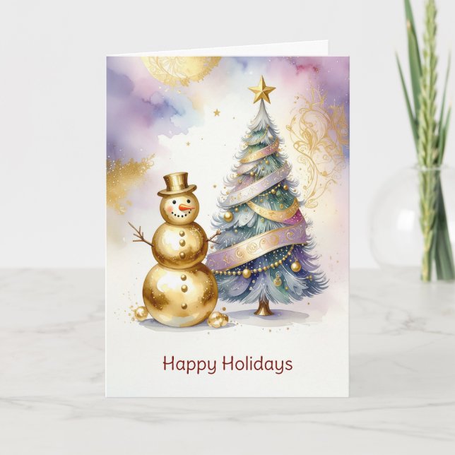 Cartão Gold Snowman Christmas Tree Holiday Card (Frente)