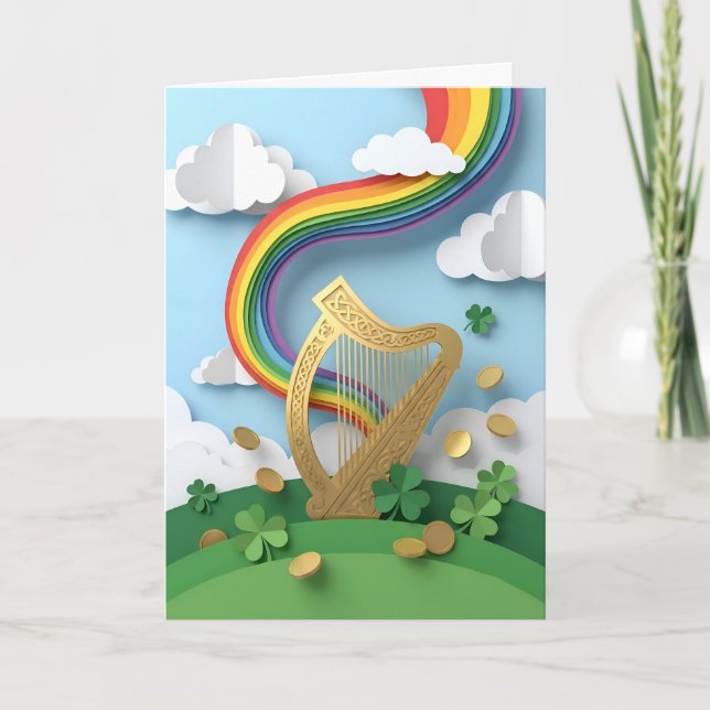 Cartão Golden Celtic Harp Rainbow Papercraft St Patricks (Frente)