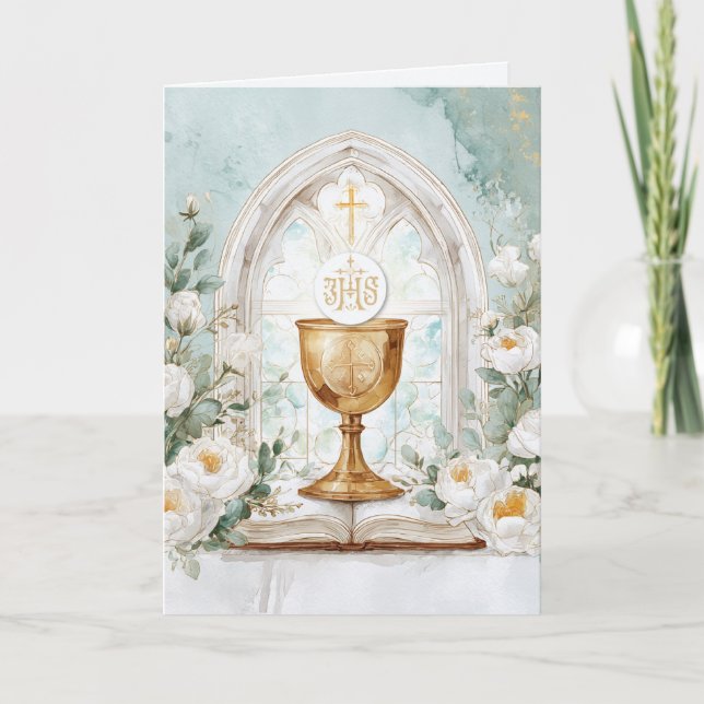 Cartão Golden Chalice & White Roses Priest Birthday  (Frente)