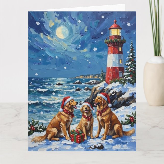 Cartão Golden Retriever Christmas Lighthouse Holiday (Frente)