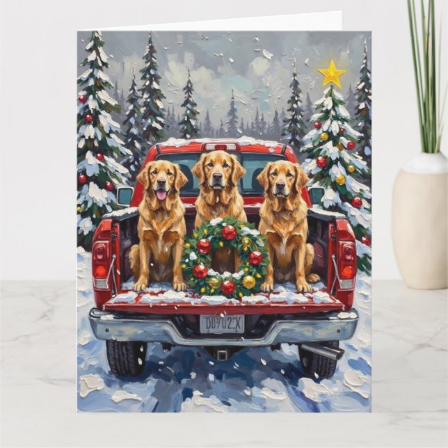 Cartão Golden Retriever Christmas Red Truck Holiday (Frente)