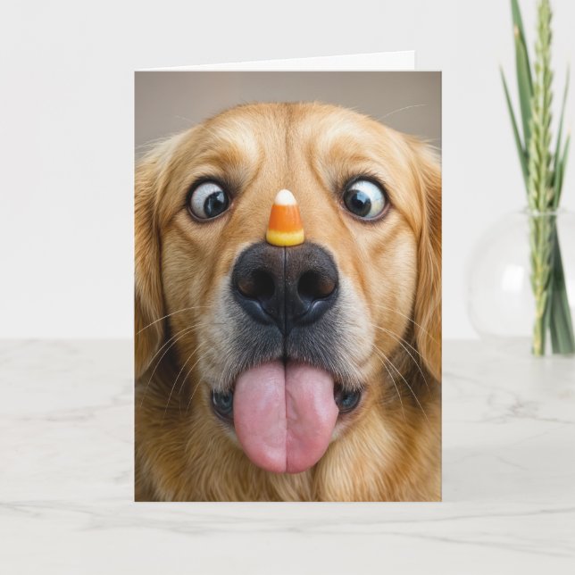 Cartão Golden Retriever de Halloween com Candy Corn (Frente)