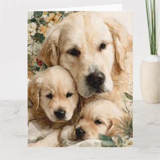 Cartão Golden Retriever Family Puppies Vintage Christmas