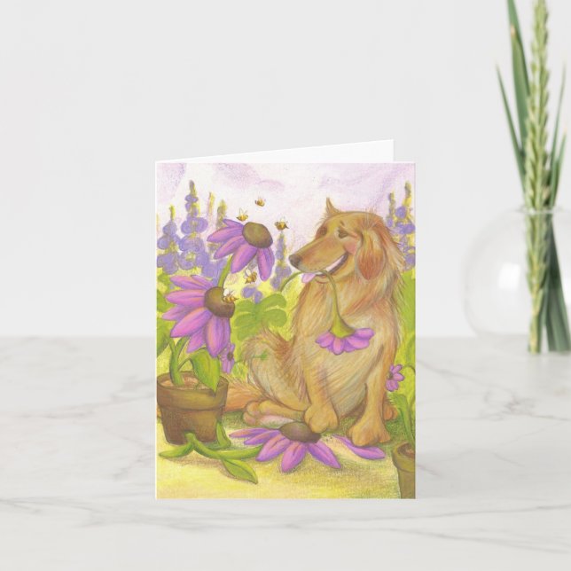 Cartão Golden Retriever, Flowers & Bees / Notecard (Frente)