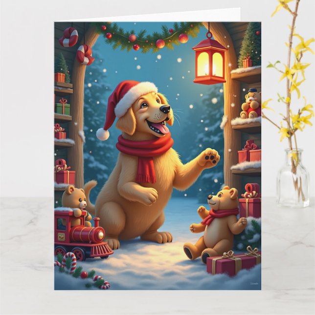 Cartão Golden Retriever in Santa’s Workshop Christmas (Flor Amarela)