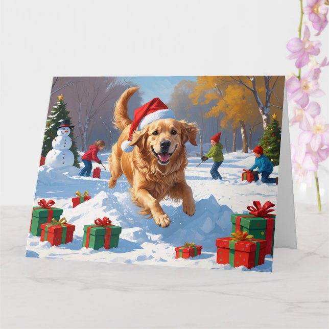 Cartão Golden Retriever na Neve com Chapéu de Natal (Orquídea)