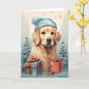 Cartão Golden Retriever Natal – Chapéu de Papai Noel e Fl