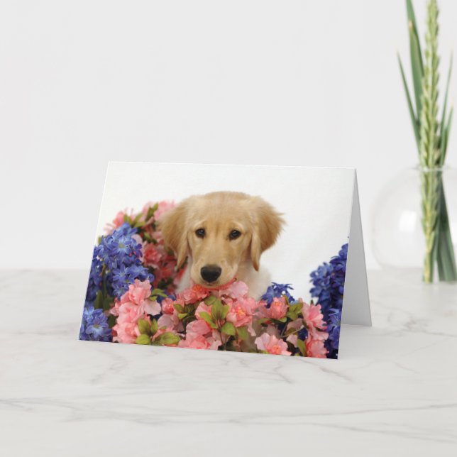 Cartão Golden Retriever Puppy and Flowers (Frente)