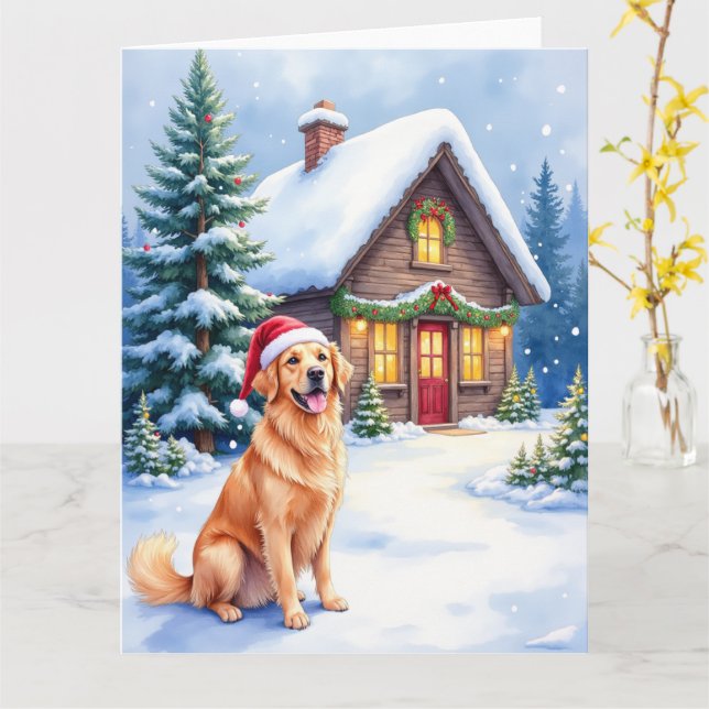 Cartão Golden Retriever Rustic Cabin Santa Hat Christmas (Flor Amarela)