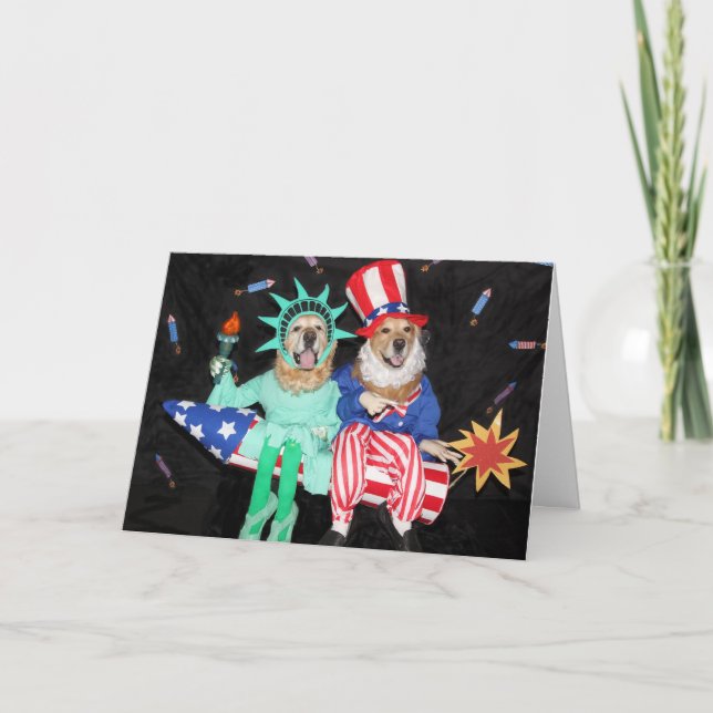 Cartão Golden Retriever Uncle Sam and Lady Liberty (Frente)