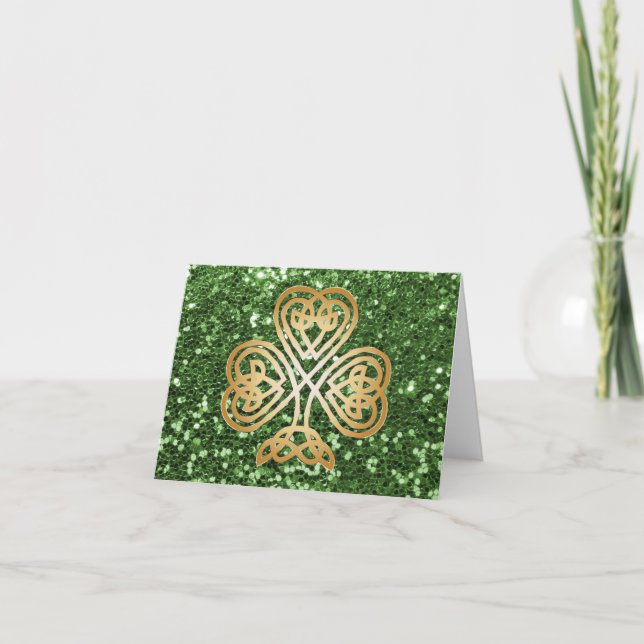Cartão Golden Shining Celtic Shamrock Green Faux Glitter (Frente)