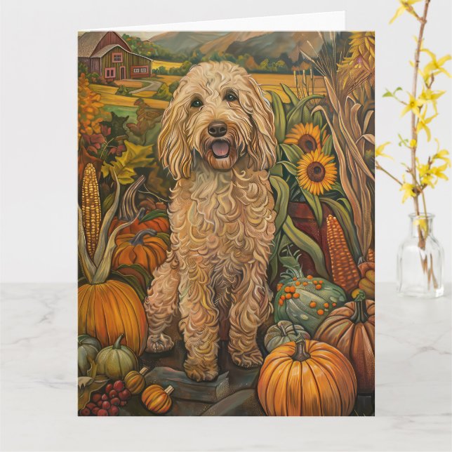 Cartão Goldendoodle Cachorro Colheita de outono Ação de G (Flor Amarela)