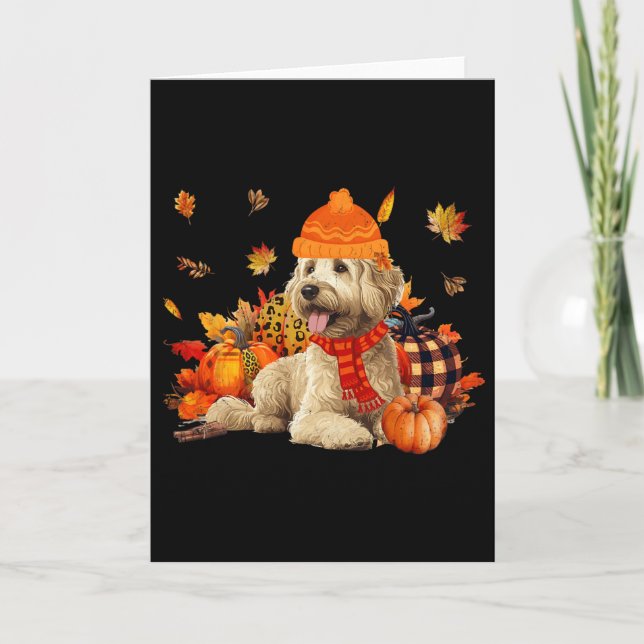 Cartão Goldendoodle Cachorro Outono Cachecol Leopardo Abó (Frente)
