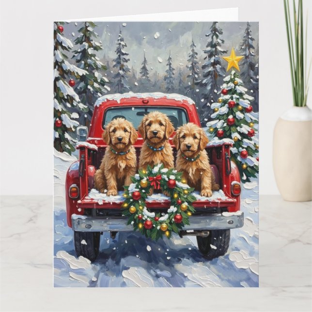 Cartão Goldendoodle Christmas Red Truck Holiday (Frente)
