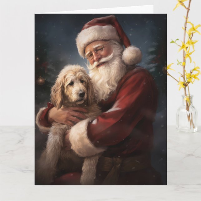 Cartão Goldendoodle com Papai Noel Natal Festivo (Flor Amarela)