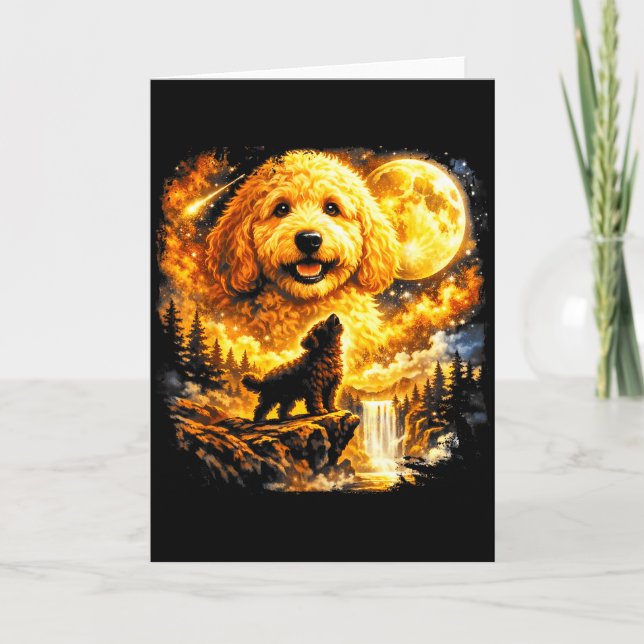 Cartão Goldendoodle Howling To The Moon Vintage Mystical  (Frente)