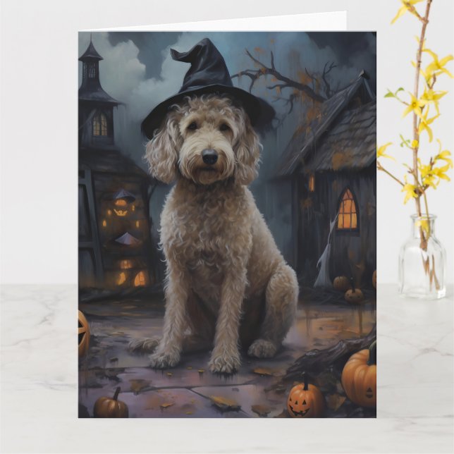 Cartão Goldendoodle Pumpkins Halloween Assustado (Flor Amarela)