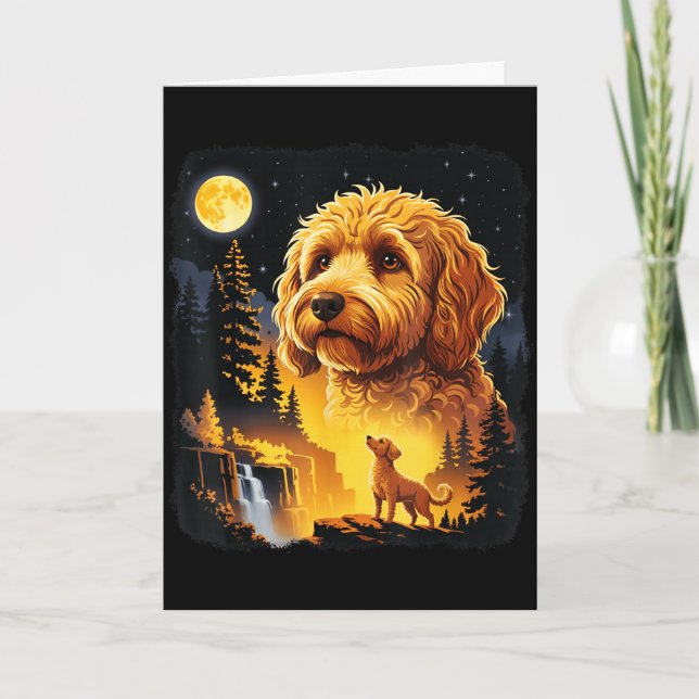 Cartão Goldendoodle uivando para a lua vintage engraçadoG (Frente)