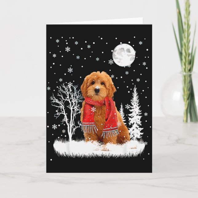 Cartão Goldendoodle Under Moonlight Snow Christmas Pajama (Frente)