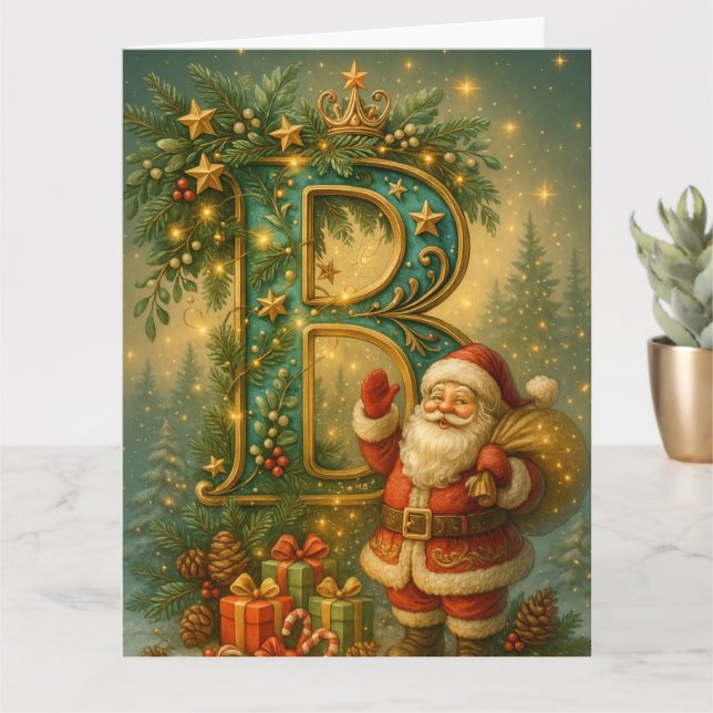 Cartão Goldenes Initial B mit Weihnachtsmann und Krone (Planta pequena)