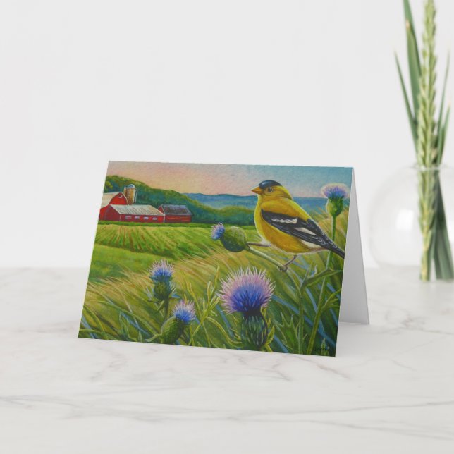 Cartão Goldfinch Bird Thistles Summer Farm Watercolor Art (Frente)