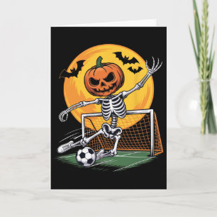 Cartão Goleiro de Esqueleto de Abóbora Futebol Halloween