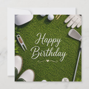 Cartão Golfe Aniversário para golfista em grama verde