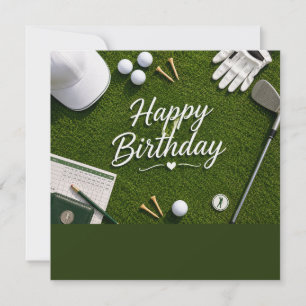 Cartão Golfe Aniversário para golfista em grama verde