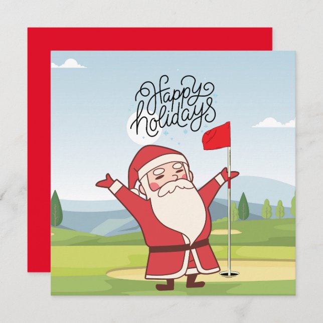 Cartão Golfe Feliz Natal com Papai Noel na bandeira (Frente/Verso)