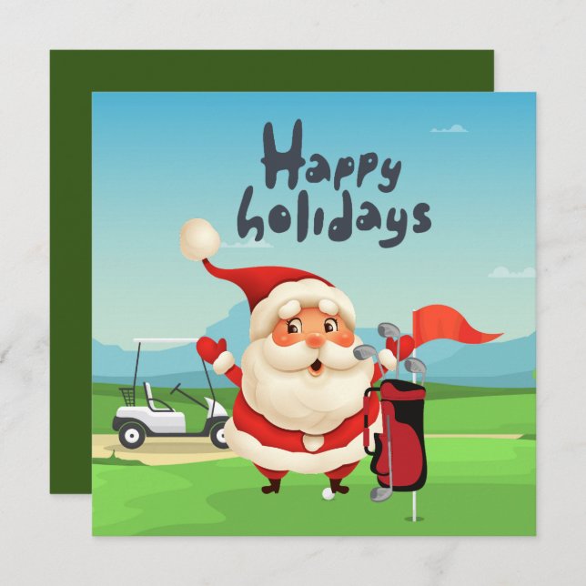 Cartão Golfe Feliz Natal com Papai Noel na bandeira Carro (Frente/Verso)