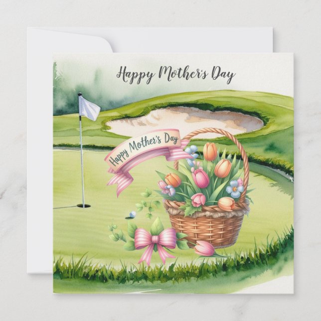 Cartão Golfe no Dia das Mães com cestas de flores no verd (Frente)