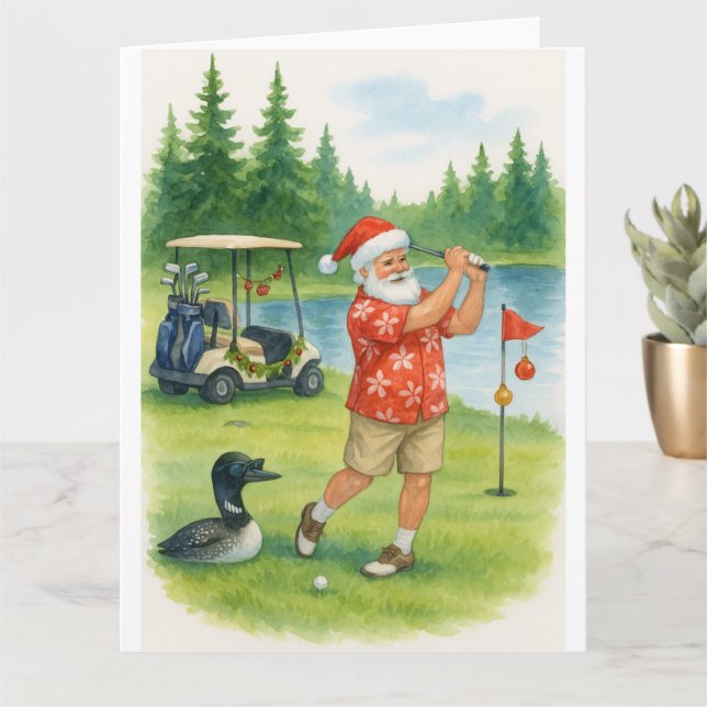 Cartão Golfe Papai Noel Golfe no Lago Holiday Card (Planta pequena)