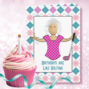 Cartão Golfer Female Cartoon Engraçado Dizendo Aniversári