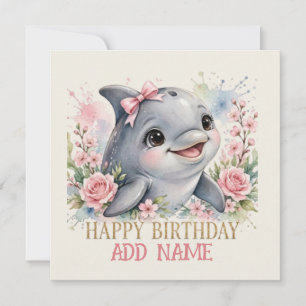 Cartão Golfinho Fêmea: Animal Bebê Laço e Flores Pastel 