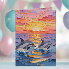 Cartão Golfinhos Impasto e Ondas do Oceano | Feliz Aniver