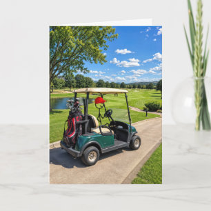 Cartão Golfista em Figura de Palito em um Carrinho de Gol