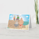 Cartão Gone Fishing / Beach BBQ<br><div class="desc">This card,  illustrated by Rachel Lea Owen,  features a man having a BBQ at the beach is confused and unaware the men fishing off the rocks have "caught" themselves all of his steaks.  Possible fun Beach BBQ invitation,  Happy Holiday card,  or a card for anyone who loves fishing?</div>